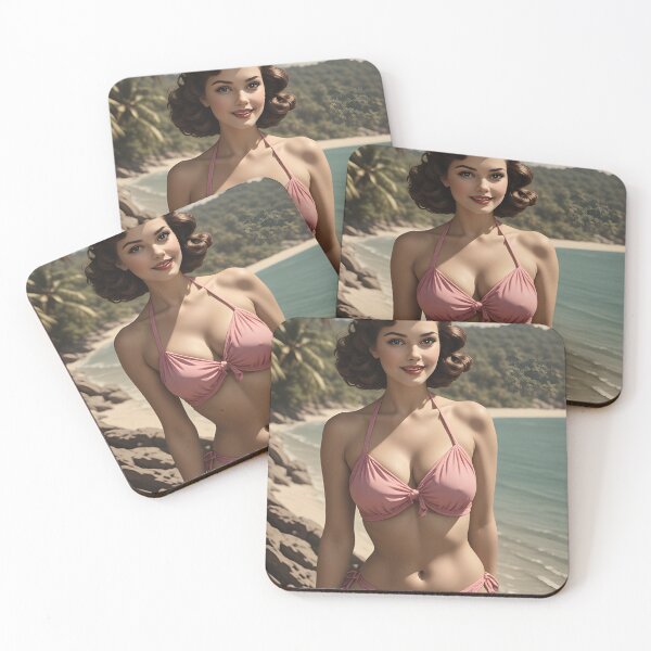 Item preview, Vintage Beach Brunette Portrait in Pink Bikini designed and sold by Holub Art Studio & design.