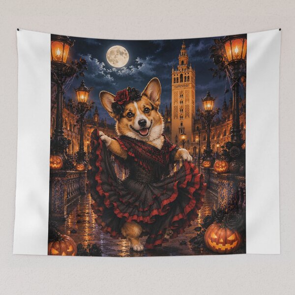 Item preview, Dark flamenco Corgi in Seville at night with a full moon designed and sold by Nomad-Paws.