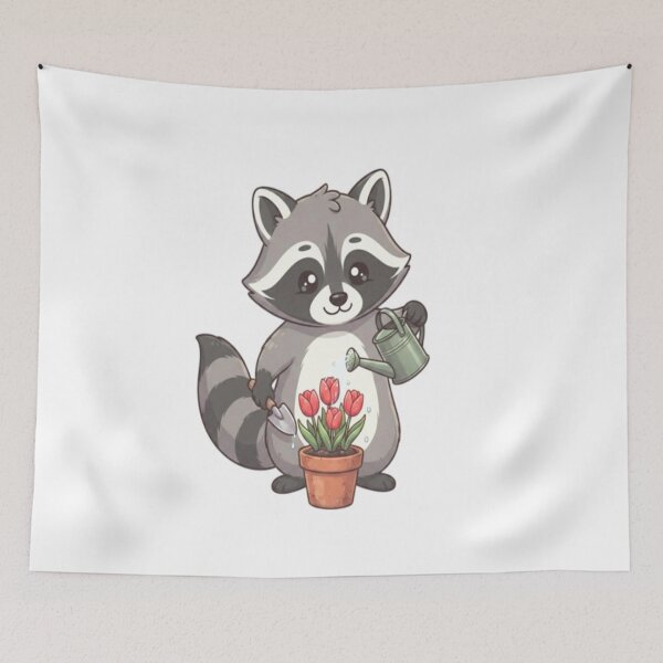 Item preview, Cute Raccoon Watering Red Tulips designed and sold by Ella_Sketch.