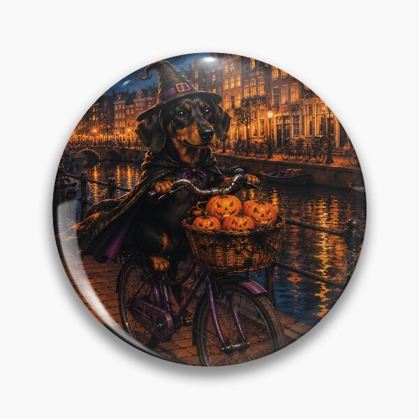 Item preview, Witch's dachshund on a bicycle through Amsterdam at night designed and sold by Nomad-Paws.