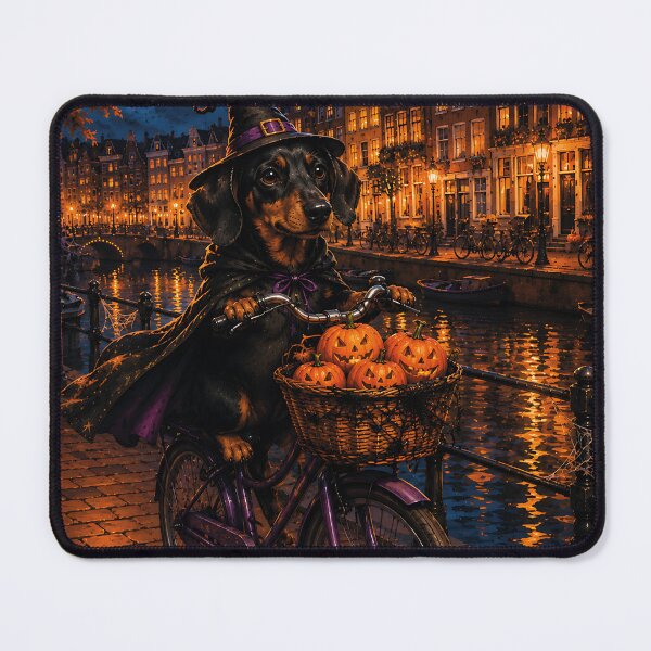 Item preview, Witch's dachshund on a bicycle through Amsterdam at night designed and sold by Nomad-Paws.