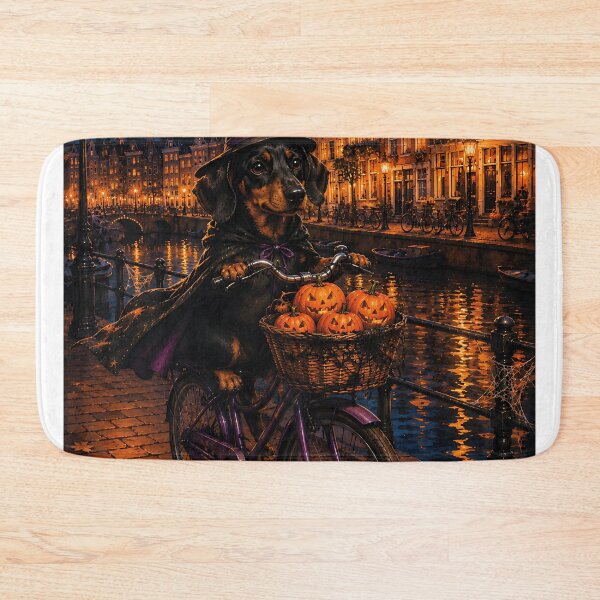 Item preview, Witch's dachshund on a bicycle through Amsterdam at night designed and sold by Nomad-Paws.