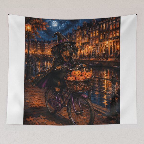 Item preview, Witch's dachshund on a bicycle through Amsterdam at night designed and sold by Nomad-Paws.