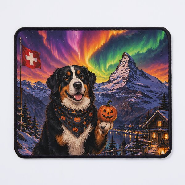Item preview, Bernese Mountain Dog in the Swiss Alps with Halloween aurora designed and sold by Nomad-Paws.