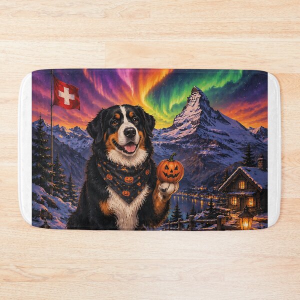 Item preview, Bernese Mountain Dog in the Swiss Alps with Halloween aurora designed and sold by Nomad-Paws.