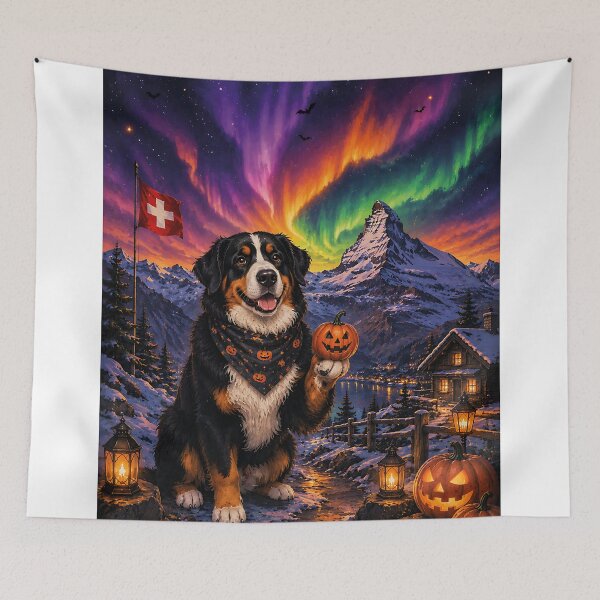 Item preview, Bernese Mountain Dog in the Swiss Alps with Halloween aurora designed and sold by Nomad-Paws.