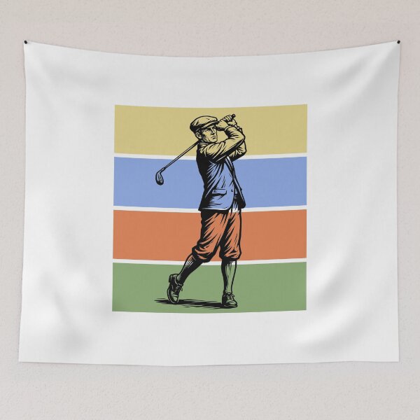 Item preview, Retro Golfer Swing Vintage Color Stripes Woodcut Linocut Art designed and sold by KiwiRider.