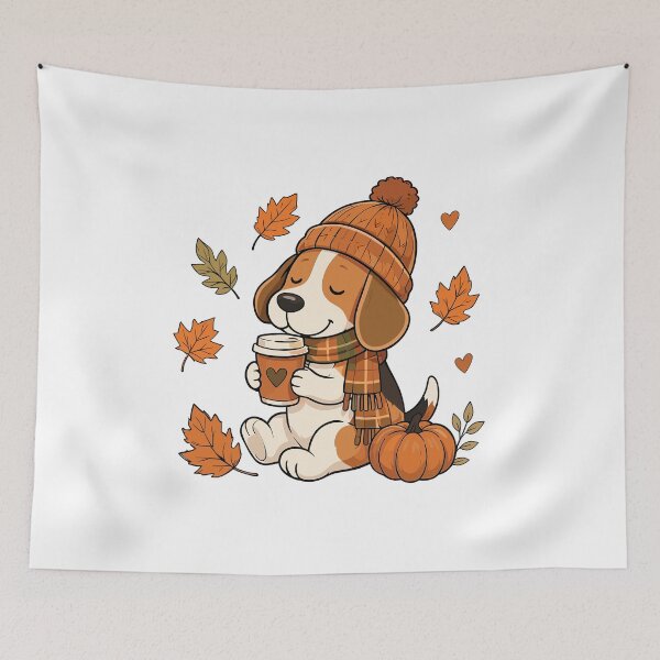 Item preview, Cozy Autumn Vibes — Beagle in Knit Hat with Coffee Cup and Pumpkin designed and sold by Krasnovaovaova.