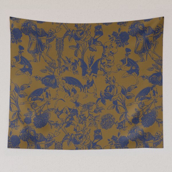 Item preview, Demons N' Roses Toile in Gold and Poseidon Blue designed and sold by YesterdayColl.