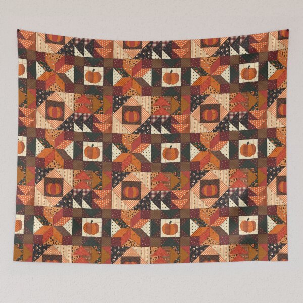 Item preview, Autumnal Pumpkin Cottagecore Patchwork Cheater Quilt designed and sold by YesterdayColl.