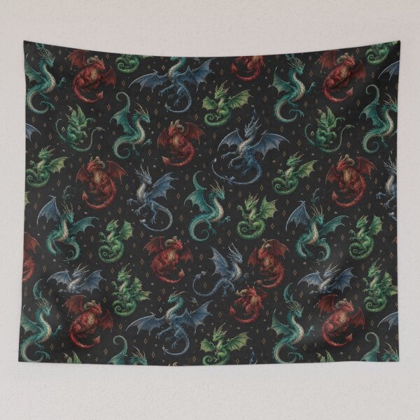 Item preview, Colorful Fantasy Dragons Seamless Pattern on Dark Background designed and sold by WangAew.