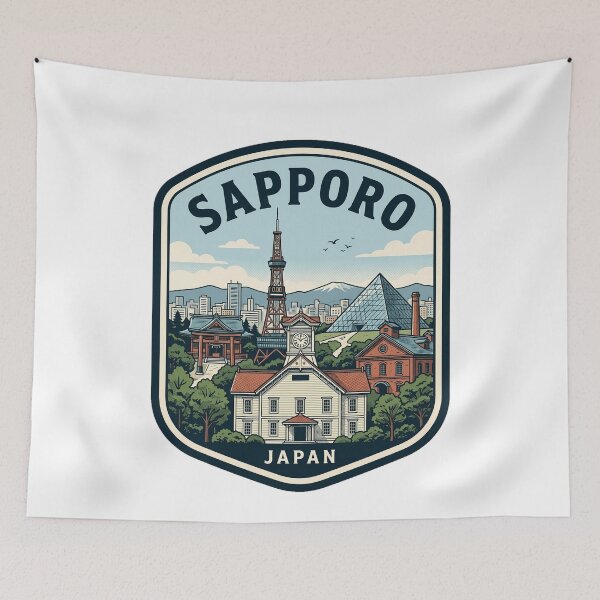 Item preview, Sapporo Japan Travel Badge Vintage Landmark Illustration designed and sold by k3rstman1.