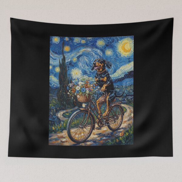 Item preview, Black and Tan Coonhound Biking Bike Starry Night Van Gogh Art Dog Lover designed and sold by dian-rody-crest.