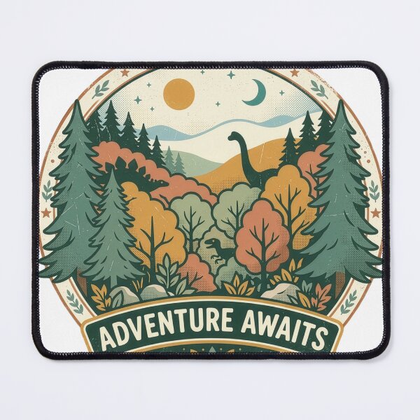 Item preview, Adventure Awaits Dinosaur Autumn Forest Badge Sticker designed and sold by TheWildLanding.