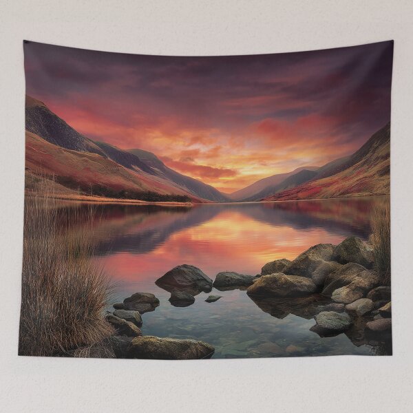 Item preview, Fiery Sunset Over a Tranquil Mountain Lake designed and sold by Pixel Junkies Studio.