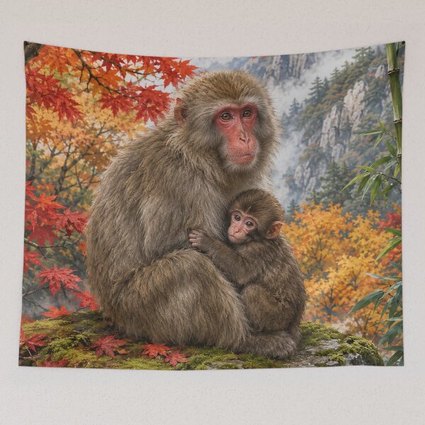 Item preview, Mother Macaque and Baby in Autumn Mountains designed and sold by Pixel Junkies Studio.