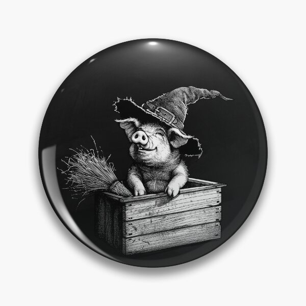 Item preview, Cute Witch Piglet with Broom in Wooden Crate Black and White Halloween Art designed and sold by inkoutninja.