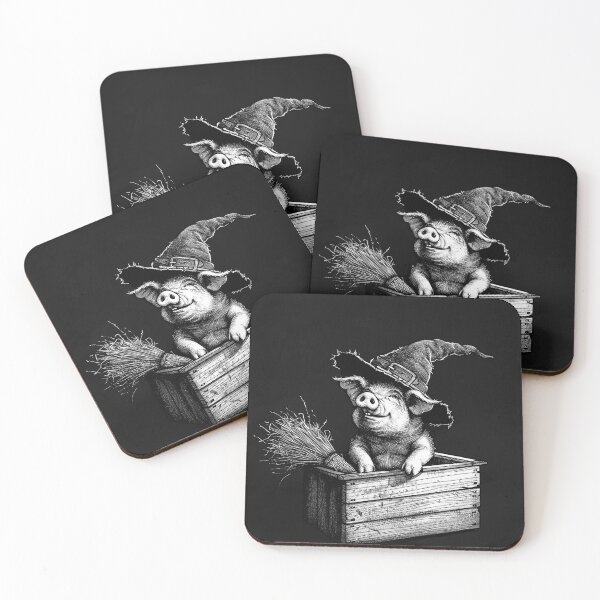 Item preview, Cute Witch Piglet with Broom in Wooden Crate Black and White Halloween Art designed and sold by inkoutninja.