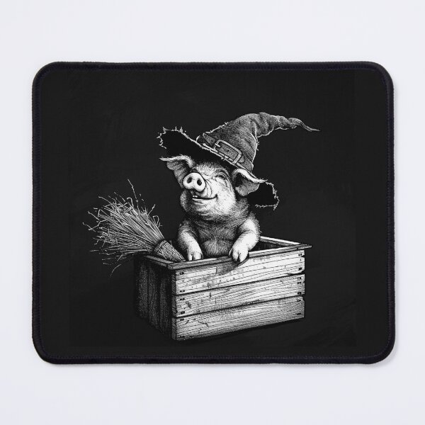 Item preview, Cute Witch Piglet with Broom in Wooden Crate Black and White Halloween Art designed and sold by inkoutninja.