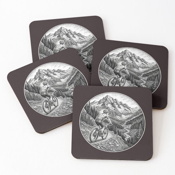 Item preview, Epic Mountain Biking Alpine Descent Woodcut Illustration designed and sold by VoglR.