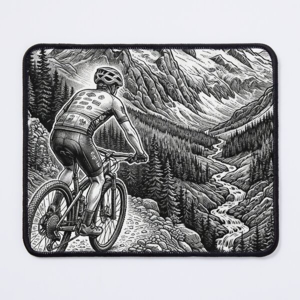 Item preview, Epic Mountain Biking Alpine Descent Woodcut Illustration designed and sold by VoglR.