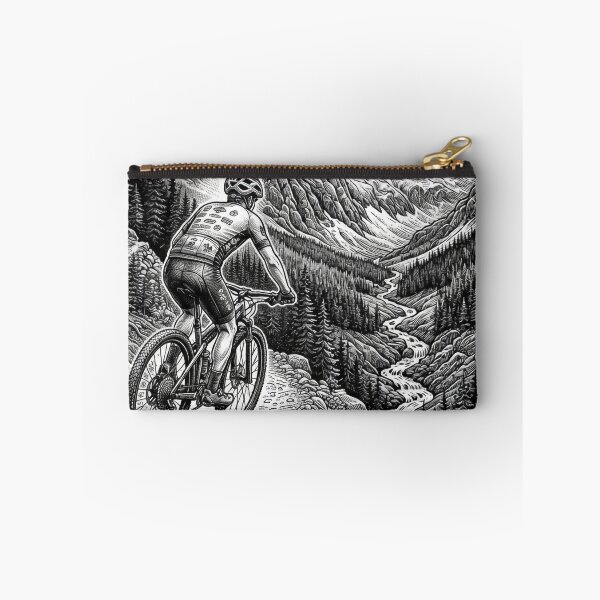 Item preview, Epic Mountain Biking Alpine Descent Woodcut Illustration designed and sold by VoglR.