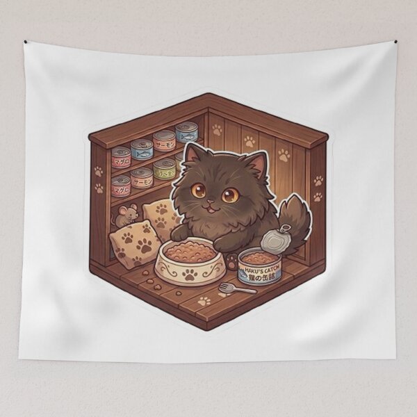 Artikelvorschau, Gemütliche schwarze Katze frisst Nassfutter in einem Speisekammer-Diorama entworfen und verkauft von PetalsPaws.
