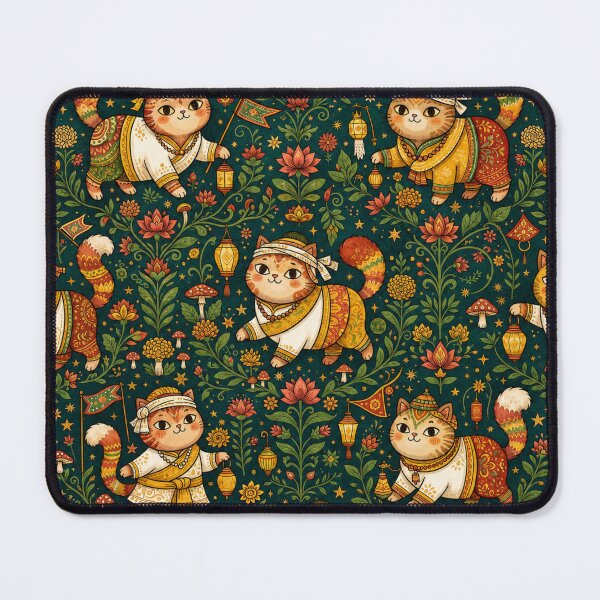 Item preview, Festive Folk Art Cats Floral Pattern designed and sold by Iampoji.