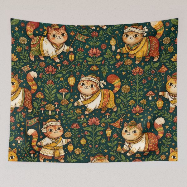 Item preview, Festive Folk Art Cats Floral Pattern designed and sold by Iampoji.