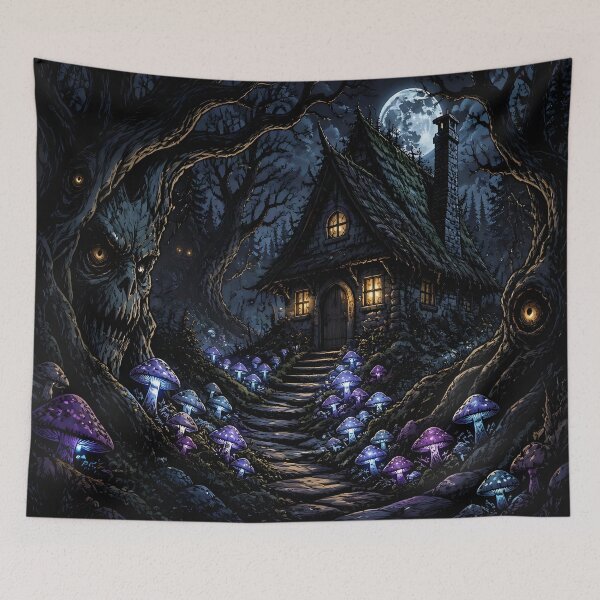 Item preview, Enchanted Midnight Forest Cottage – Glowing Mushrooms & Mystical Tree Spirits designed and sold by DreamyWallVibes.