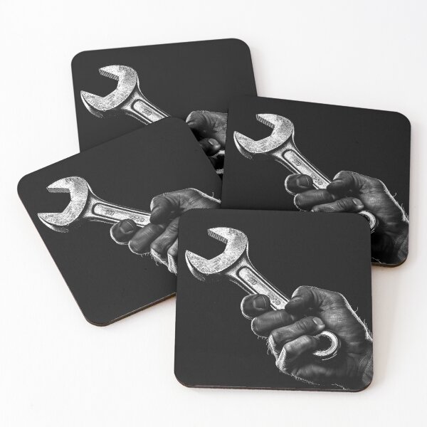 Item preview, Mechanic Hand Holding Wrench Black and White Industrial Tool Art Design designed and sold by inkoutninja.