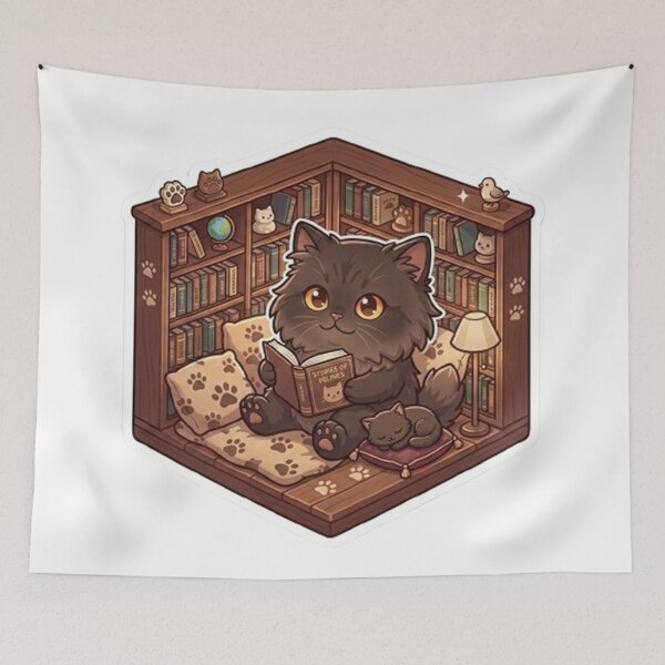 Item preview, Cozy Reading Black Cat in Library Bookshelf Diorama designed and sold by PetalsPaws.