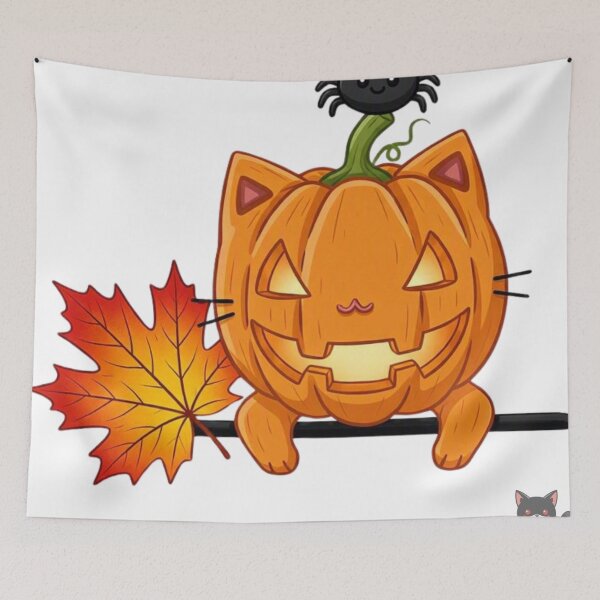 Item preview, Pumpkin Cat with Spider and Autumn Leaf — Kawaii Style designed and sold by SoyPanteraCat.