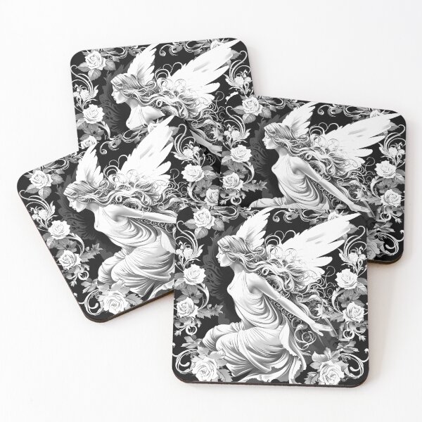 Item preview, Winged Fairy Woman with Roses Black and White Romantic Fantasy Art Design designed and sold by inkoutninja.