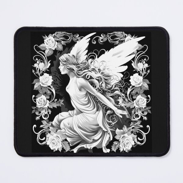 Item preview, Winged Fairy Woman with Roses Black and White Romantic Fantasy Art Design designed and sold by inkoutninja.