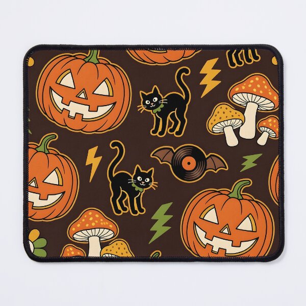 Item preview, Retro 70s Halloween Groove — Jack-o-Lantern Black Cat Mushroom Vinyl Bat Seamless Pattern designed and sold by Amplify-n-Co.