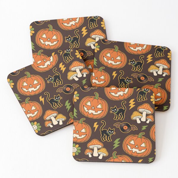 Item preview, Retro 70s Halloween Groove — Jack-o-Lantern Black Cat Mushroom Vinyl Bat Seamless Pattern designed and sold by Amplify-n-Co.