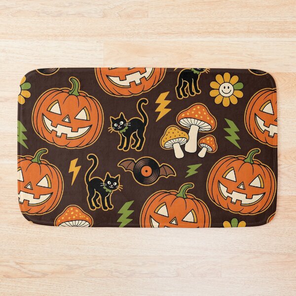 Item preview, Retro 70s Halloween Groove — Jack-o-Lantern Black Cat Mushroom Vinyl Bat Seamless Pattern designed and sold by Amplify-n-Co.