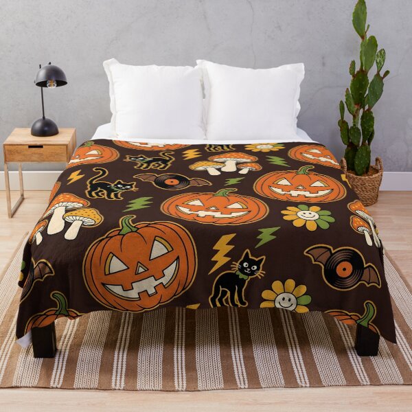 Item preview, Retro 70s Halloween Groove — Jack-o-Lantern Black Cat Mushroom Vinyl Bat Seamless Pattern designed and sold by Amplify-n-Co.