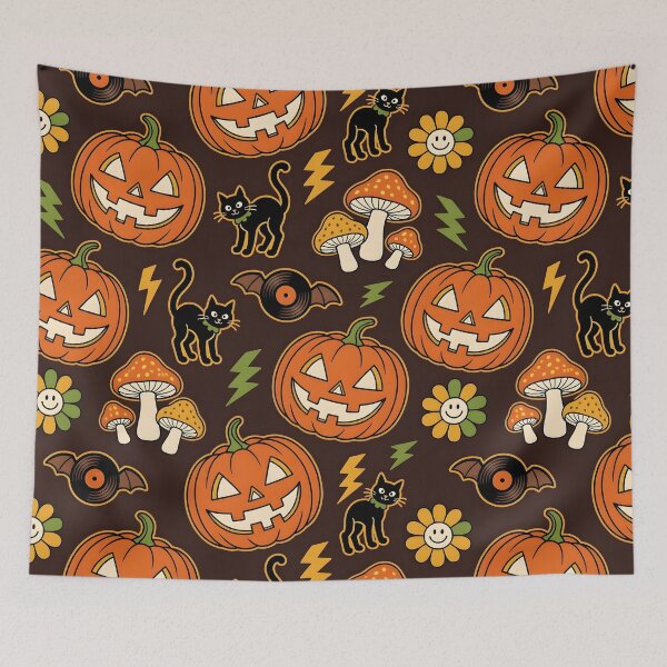 Item preview, Retro 70s Halloween Groove — Jack-o-Lantern Black Cat Mushroom Vinyl Bat Seamless Pattern designed and sold by Amplify-n-Co.