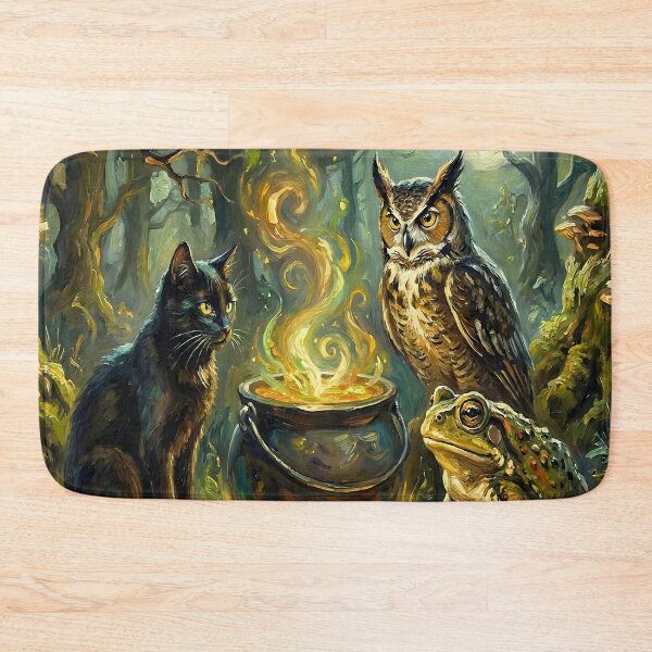Item preview, Enchanted Halloween Forest Cat Owl Frog Witchy Art designed and sold by cr6zym1nd.