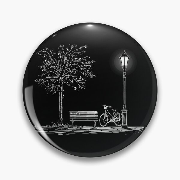 Item preview, Bicycle by Park Bench and Lamppost Black and White Minimalist Night Art Design designed and sold by inkoutninja.