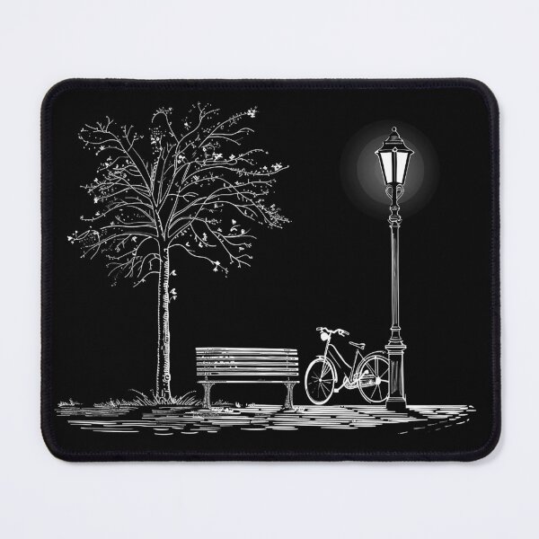 Item preview, Bicycle by Park Bench and Lamppost Black and White Minimalist Night Art Design designed and sold by inkoutninja.