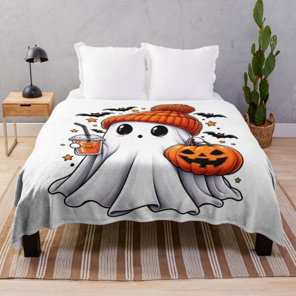 Item preview, Cute Halloween Ghost in Orange Beanie with Pumpkin & Spooky Drink designed and sold by HobsS.
