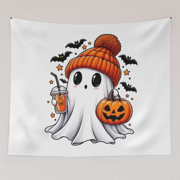 Item preview, Cute Halloween Ghost in Orange Beanie with Pumpkin & Spooky Drink designed and sold by HobsS.