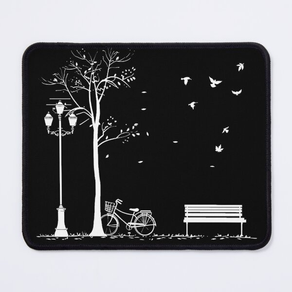 Item preview, Autumn Park Bicycle by Bench and Lamppost Black and White Minimalist Art Design designed and sold by inkoutninja.
