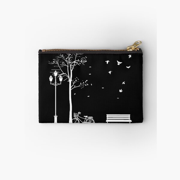 Item preview, Autumn Park Bicycle by Bench and Lamppost Black and White Minimalist Art Design designed and sold by inkoutninja.