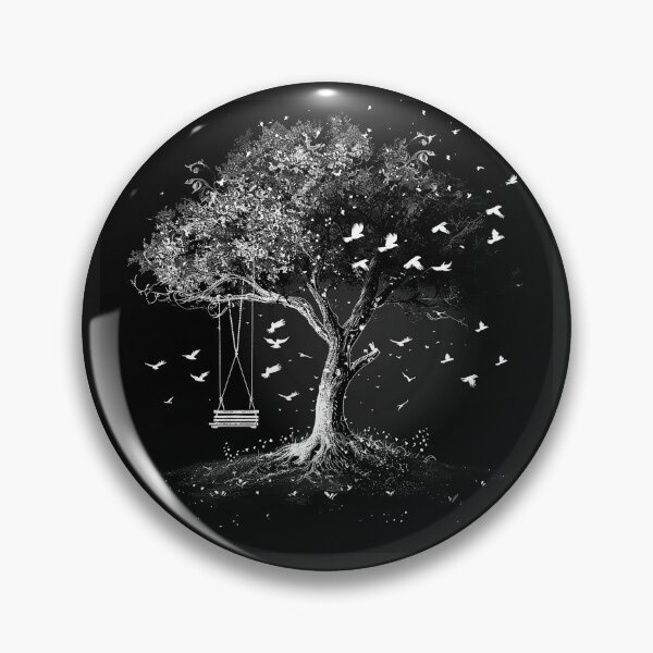 Item preview, Old Tree with Hanging Swing and Flying Birds Black and White Nature Art Design designed and sold by inkoutninja.