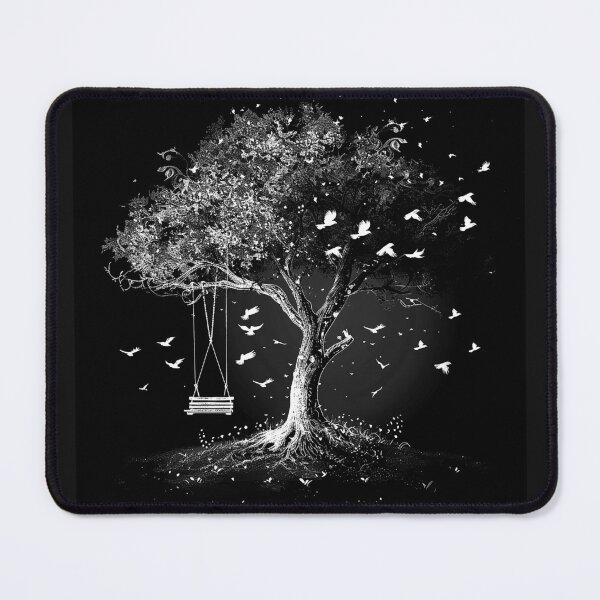 Item preview, Old Tree with Hanging Swing and Flying Birds Black and White Nature Art Design designed and sold by inkoutninja.