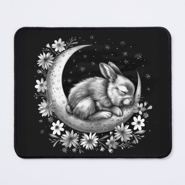 Item preview, Sleeping Bunny on Crescent Moon with Flowers Black and White Celestial Art designed and sold by inkoutninja.